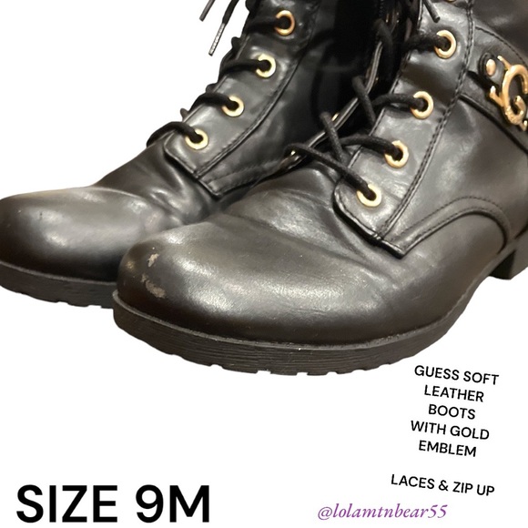 GUESS BRAND SOFT LEATHER ANKLE BOOTS-SIZE 9M-GOLD EMBLEM ON SIDES-ZIP UP AND TIE - Picture 16 of 16